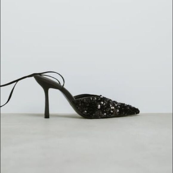 ZARA SEQUIN LACE UP HEELED SHOES - Picture 7 of 7